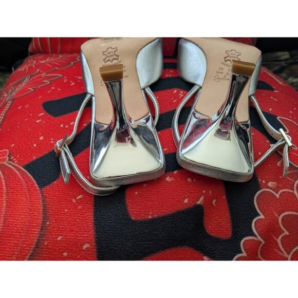 Guilhermina Sz 6 Silver Genuine Leather Spool Heel Dress Formal  Shoes Heels - Picture 7 of 7